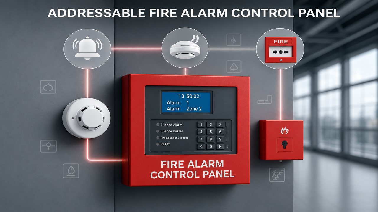 Addressable fire alarm control panel with detectors and call points