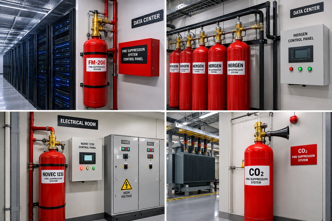 Clean agent gas suppression cylinders for data centre and electrical rooms