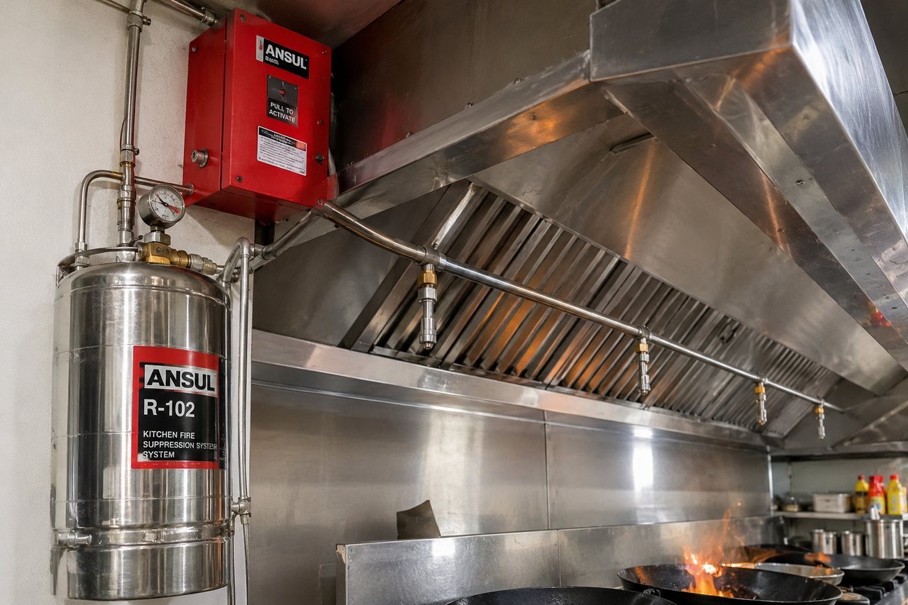 Commercial kitchen hood wet chemical fire suppression system